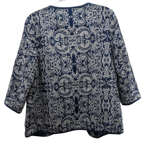 Coldwater Creek Jacket 12 Tapestry Blue White Damask Open Front Pockets - Picture 2 of 5